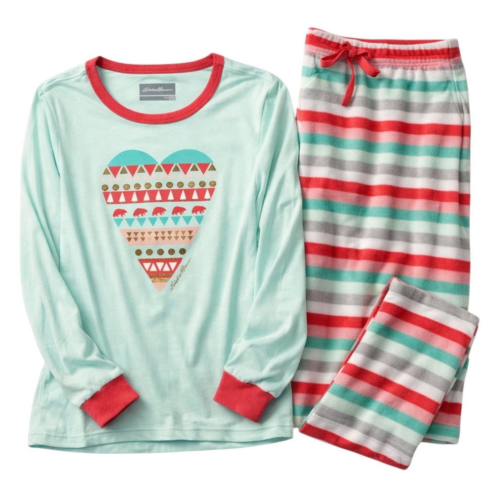 Eddie Bauer Girls L 14/16 Cozy Heart Pajama Set Striped Plush Pants Holiday